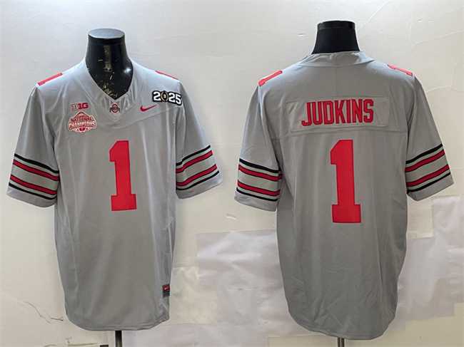 Men%27s Ohio State Buckeyes #1 Quinshon Judkins Grey 2025 CFP Final With National Champions Patch F.U.S.E. Vapor Limited Stitched Jersey